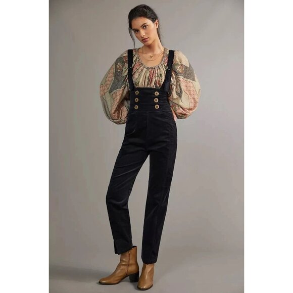 Anthropologie Pants - Anthropologie Buttoned Pinafore Corduroy Jumpsuit Overalls Size 10 Black